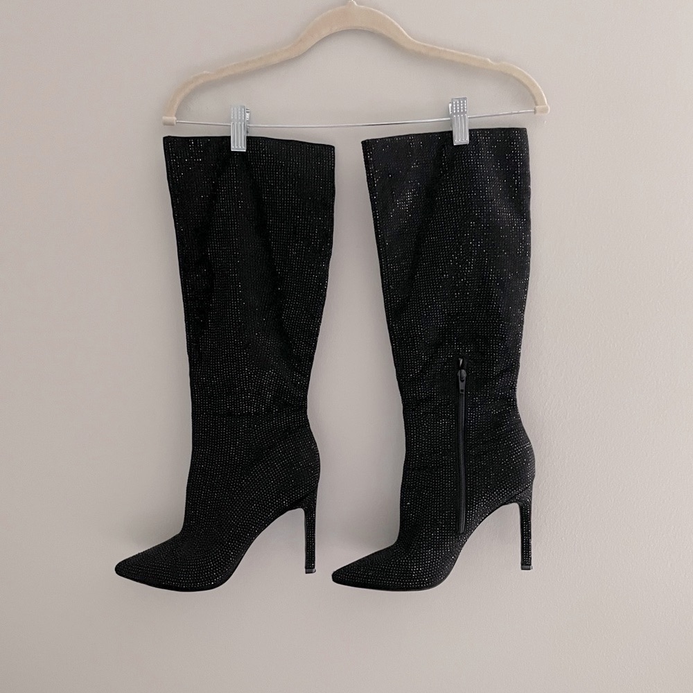 Nine West Black Sparkle Heeled Knee-High Boots - Picture 3 of 7